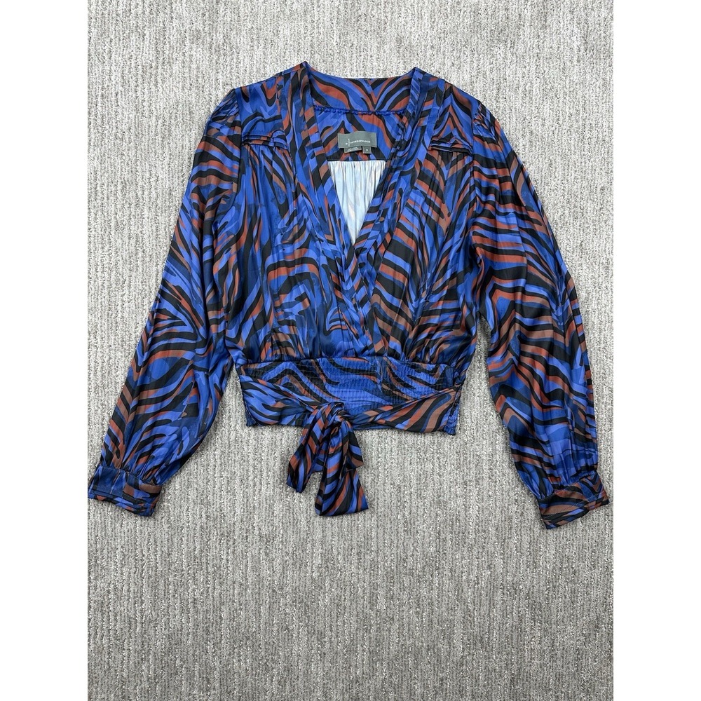Anthropologie Zebra Print Wrap Crop Tie Blouse | Size M |‎ Blue Orange Black
